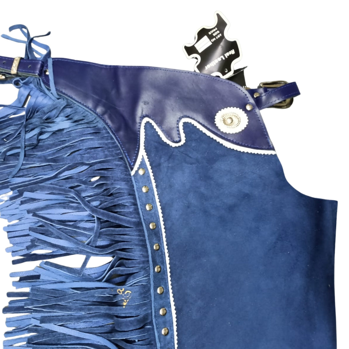 blue cowboy fringe chaps folded suede leather detail