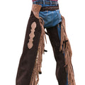 men brown western leather chaps with fringe front view