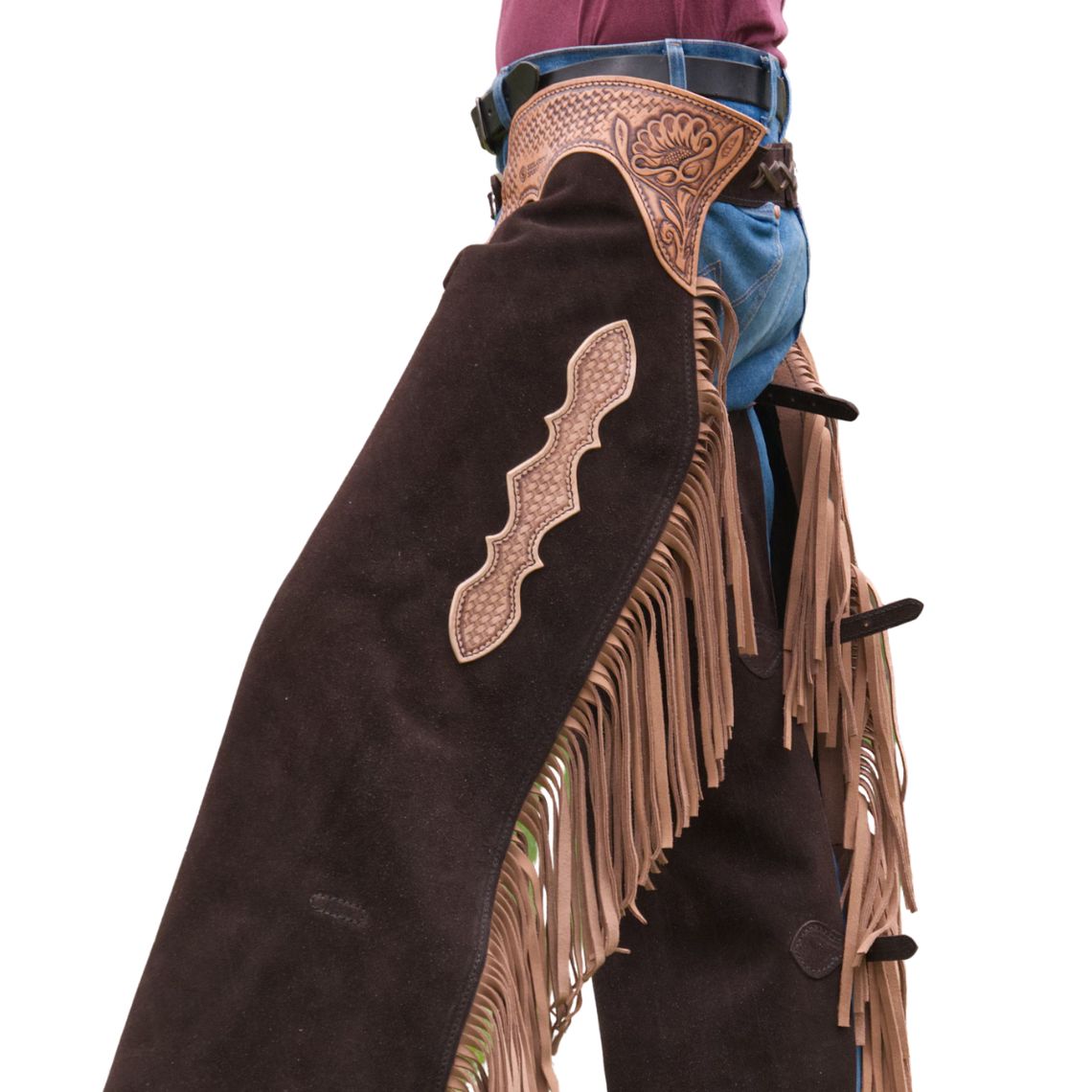 cowboy leather chaps brown suede with tooled yoke detail