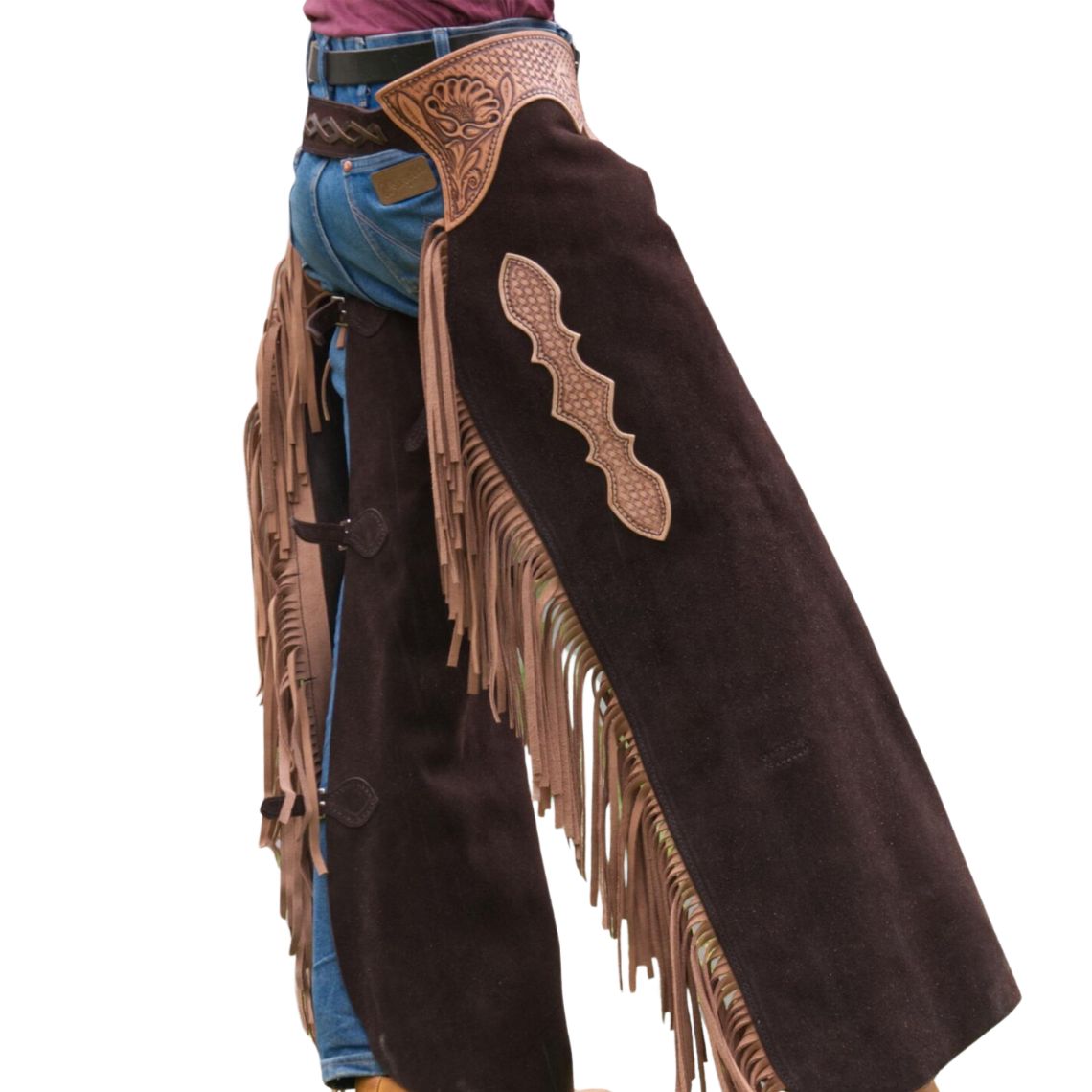 side angle brown western chaps with long fringe design