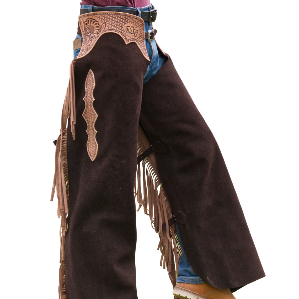 men rodeo leather chaps with hand tooled waist panel