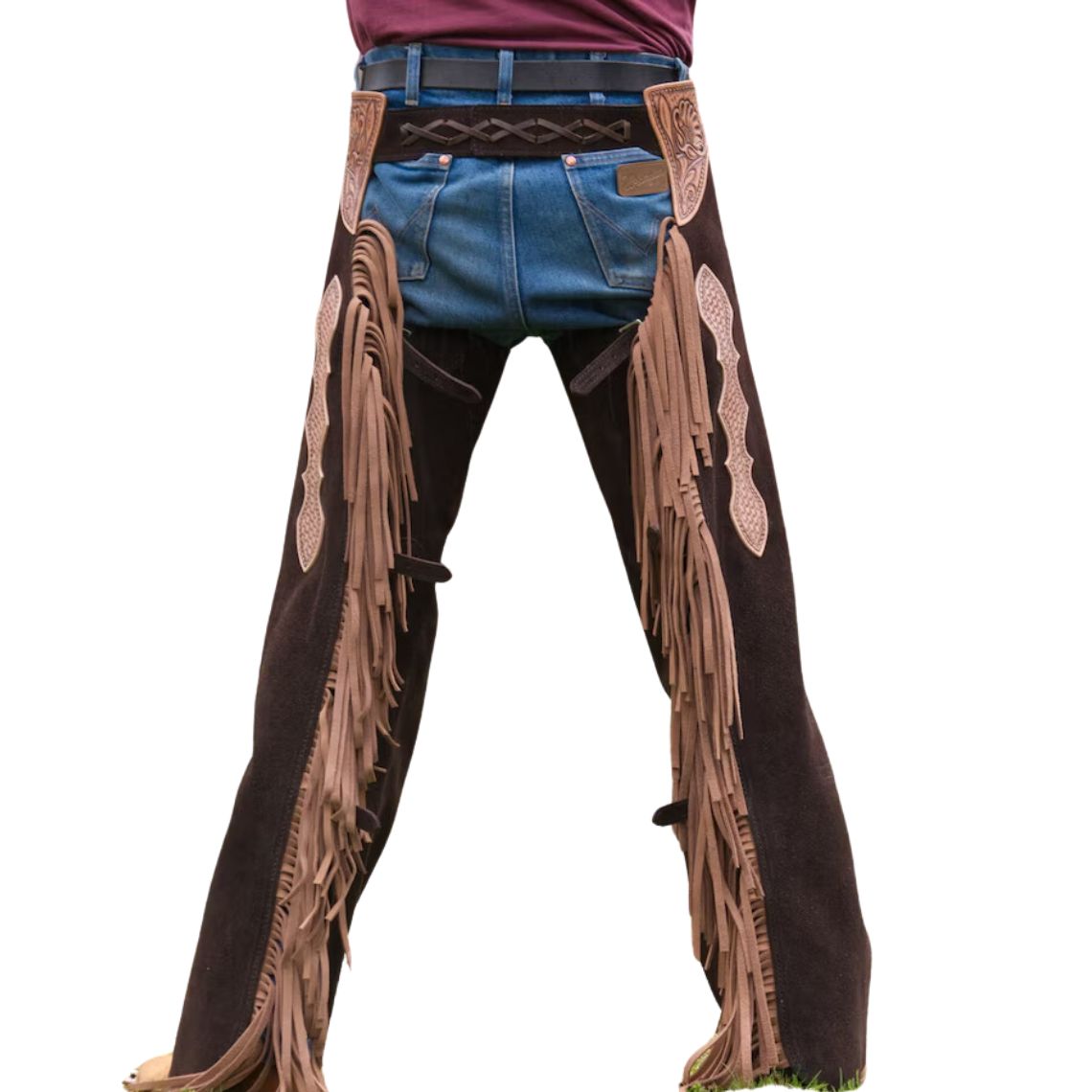 back view men western leather chaps with fringe and belt