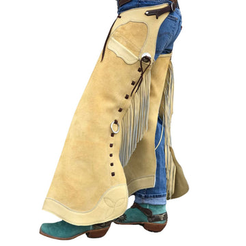 men tan buckaroo leather chinks western fringe side view