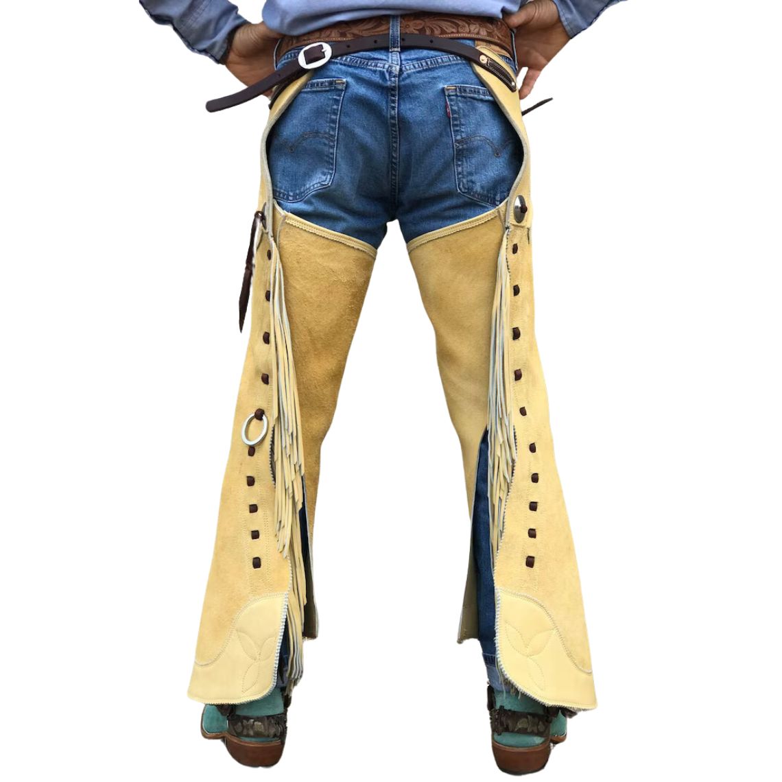 back view men western chinks tan leather cowboy chaps
