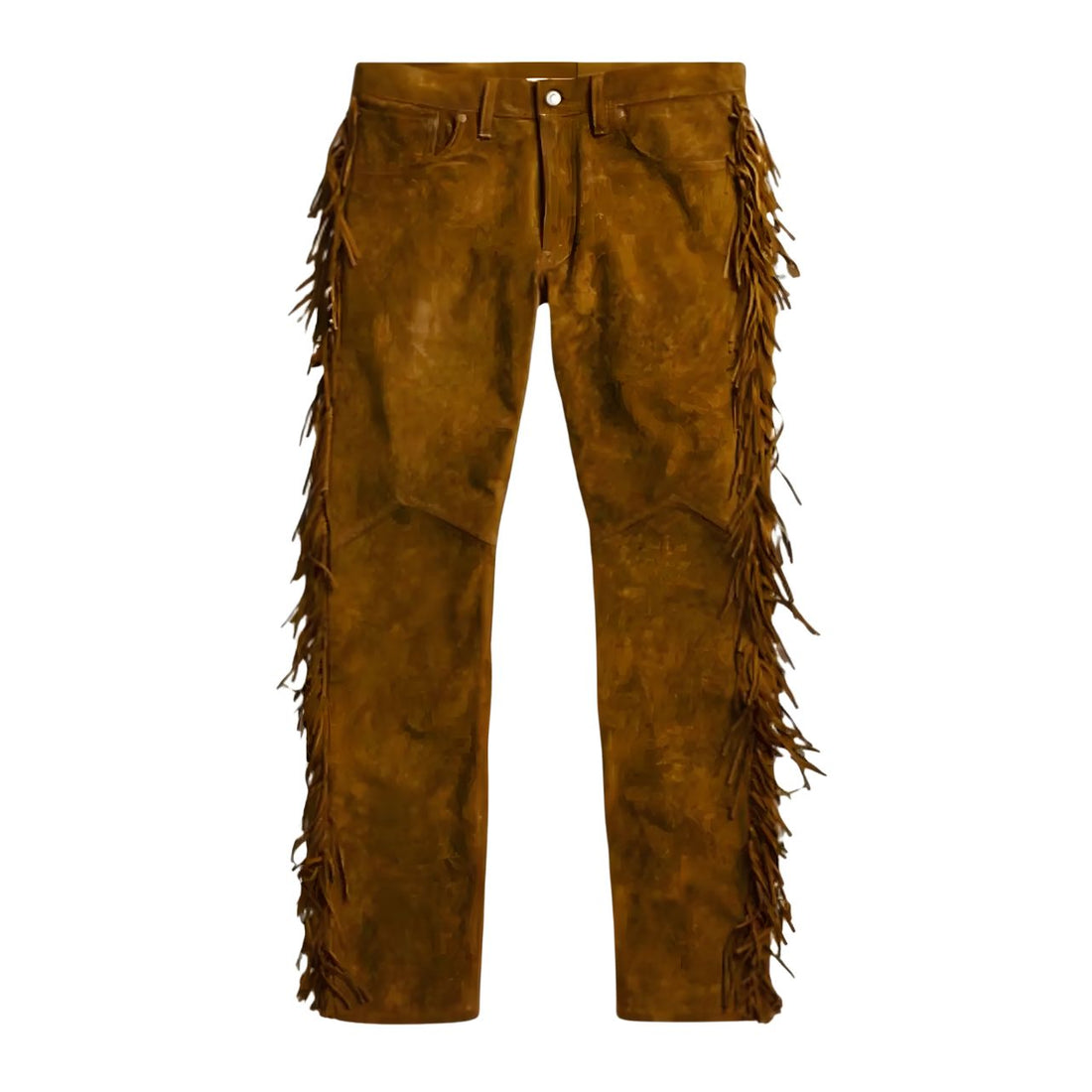 mens brown suede leather fringe western pants front view full length
