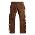 back view brown suede cowboy pants with side fringe detail