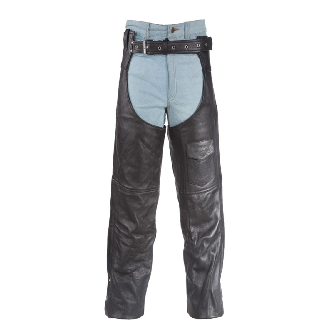 Men’s Eclipse black leather assless chaps front view with belt