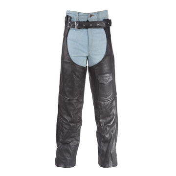 Men’s Eclipse black leather assless chaps front view with belt