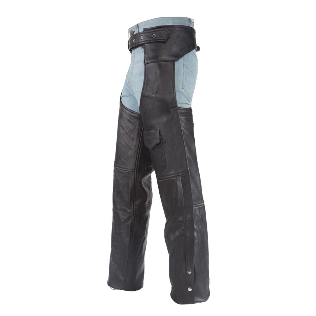 Men’s Eclipse black leather assless chaps front view with belt