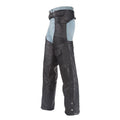 Side angle of black leather motorcycle chaps with pocket detail