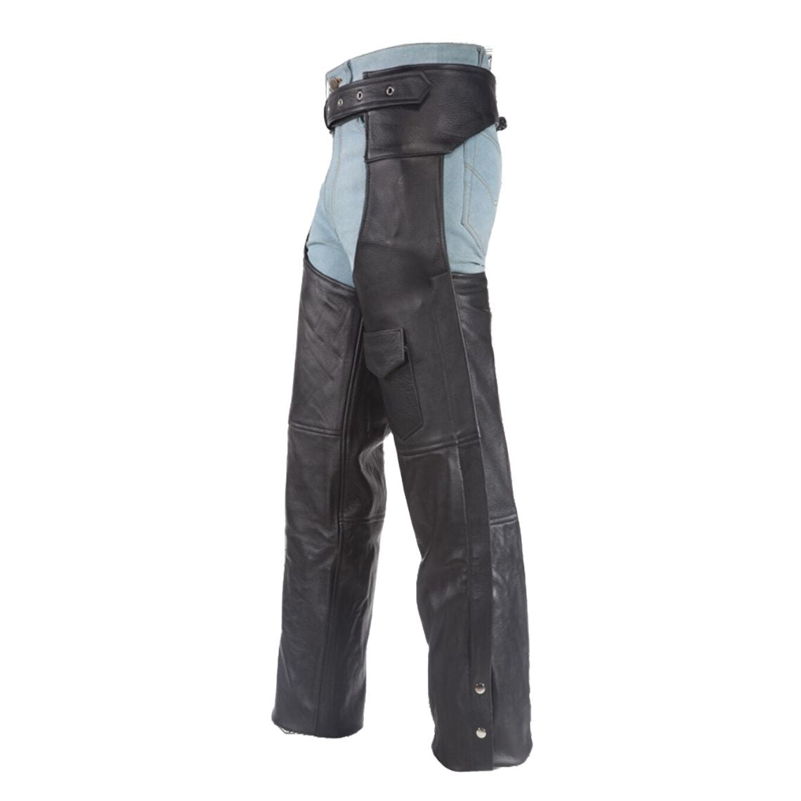 Side angle of black leather motorcycle chaps with pocket detail