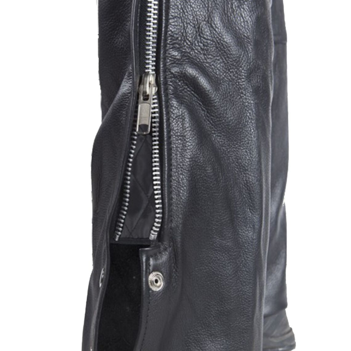 Close-up of zipper on men’s leather riding chaps