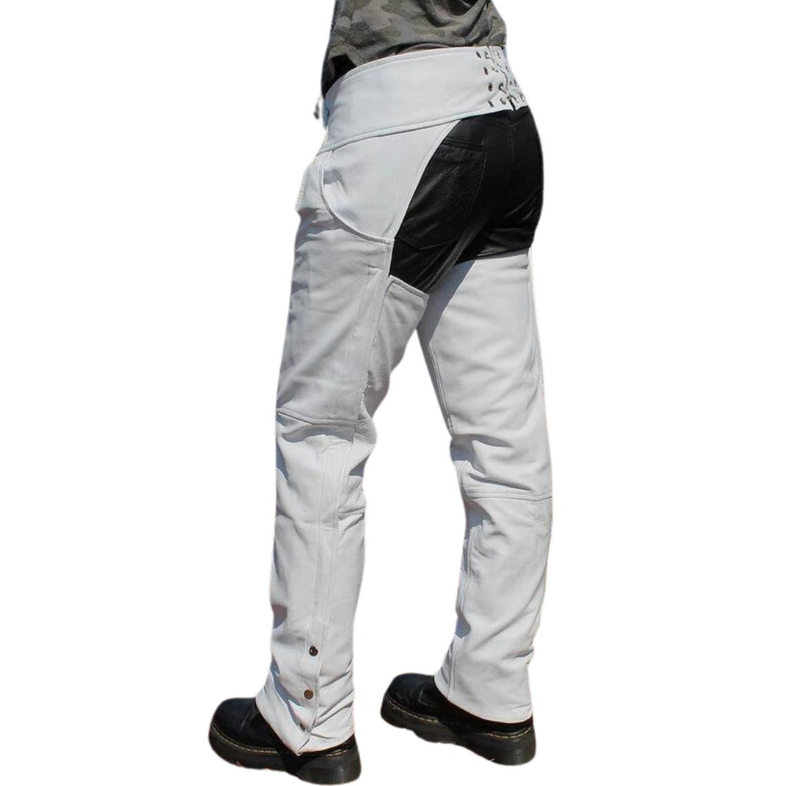 Full front view of men’s white leather biker chaps