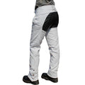 Men’s white leather assless chaps back angled view with black panels