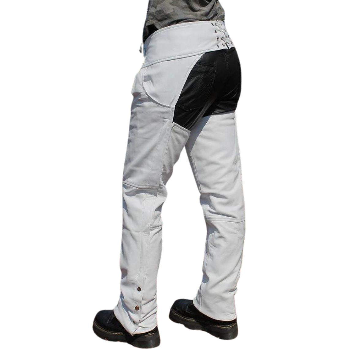 Men’s white leather assless chaps back angled view with black panels