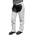 Front view of white and black leather motorcycle chaps