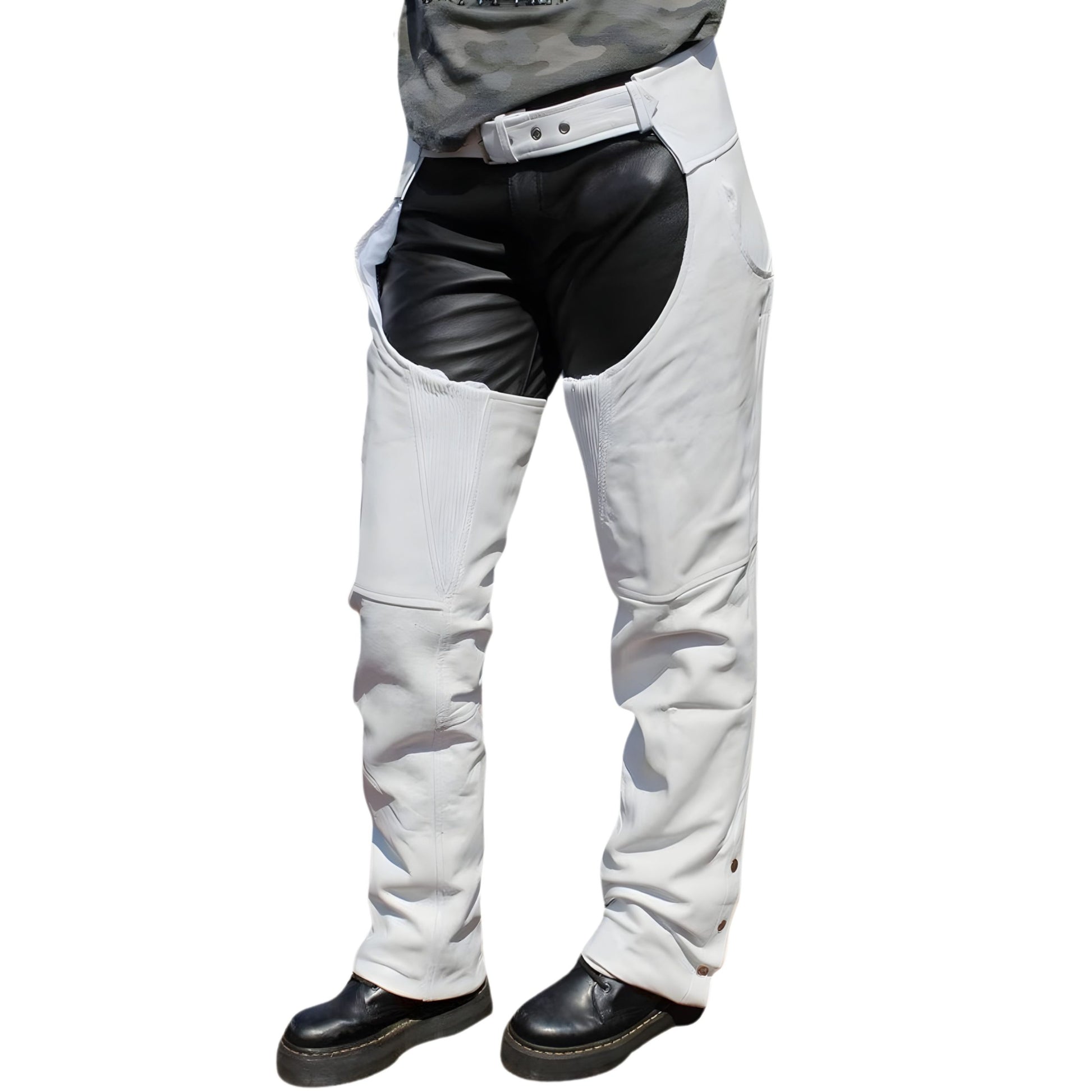 Front view of white and black leather motorcycle chaps