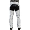 Rear view of Elixir white assless chaps with lace-up waist