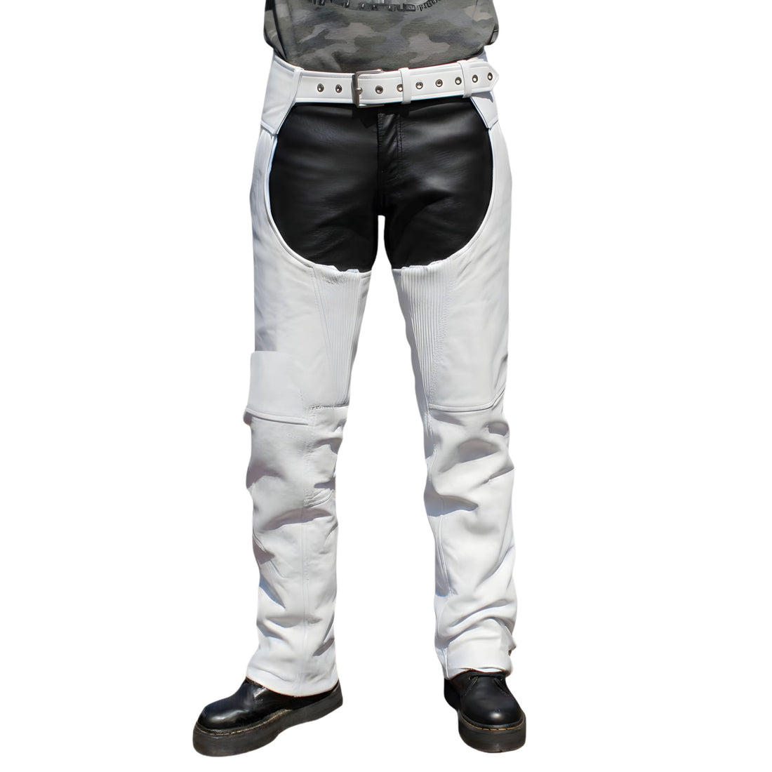 Full front view of men’s white leather biker chaps