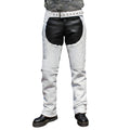 Full front view of men’s white leather biker chaps