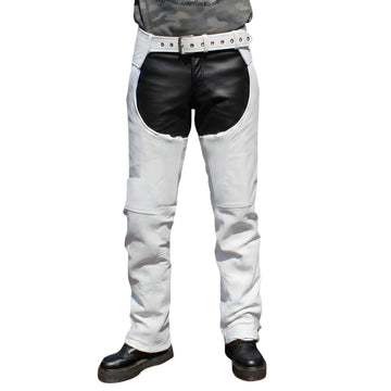 Full front view of men’s white leather biker chaps