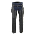 Front view of men’s black leather assless chaps worn over jeans