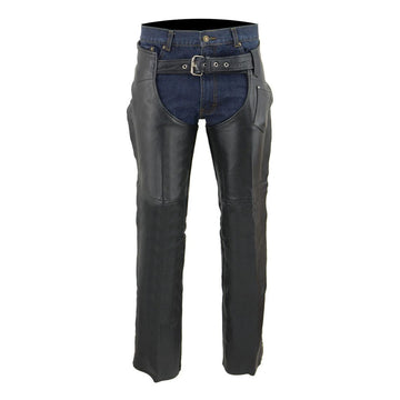Front view of men’s black leather assless chaps worn over jeans