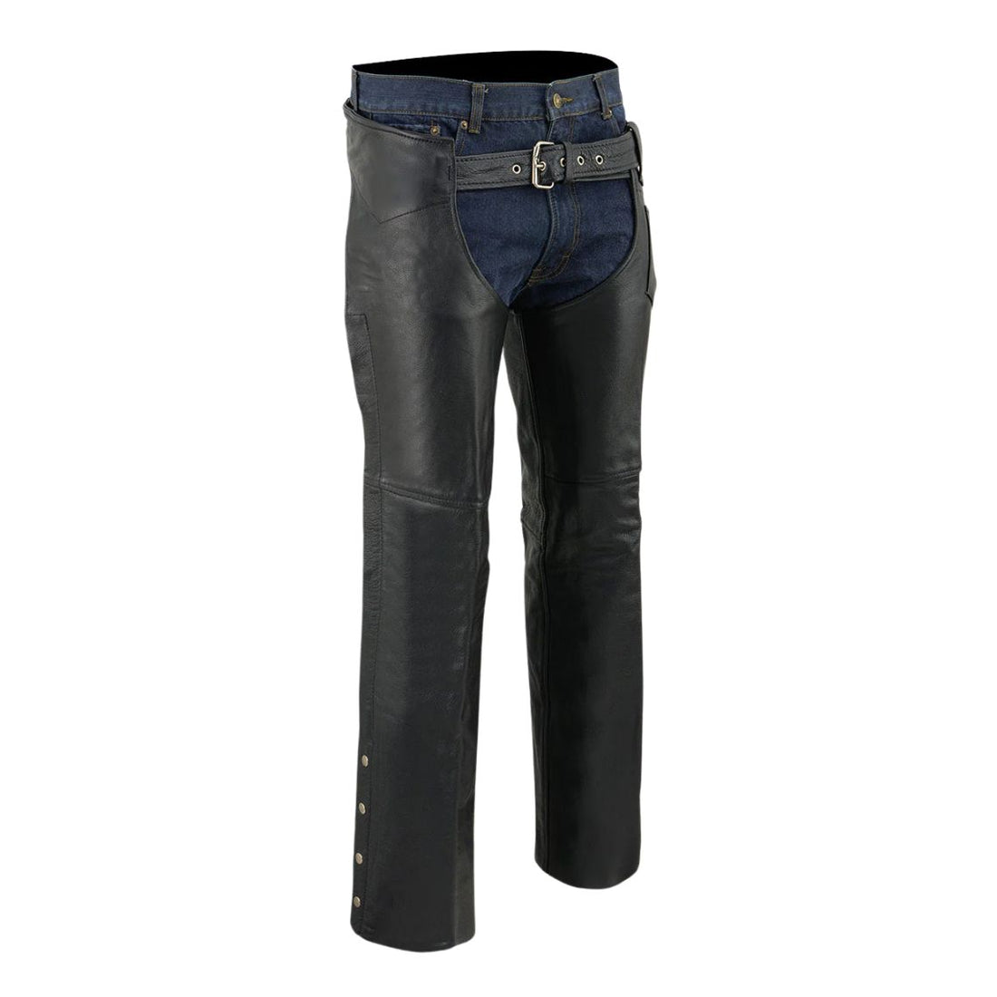 Front view of men’s black leather assless chaps worn over jeans