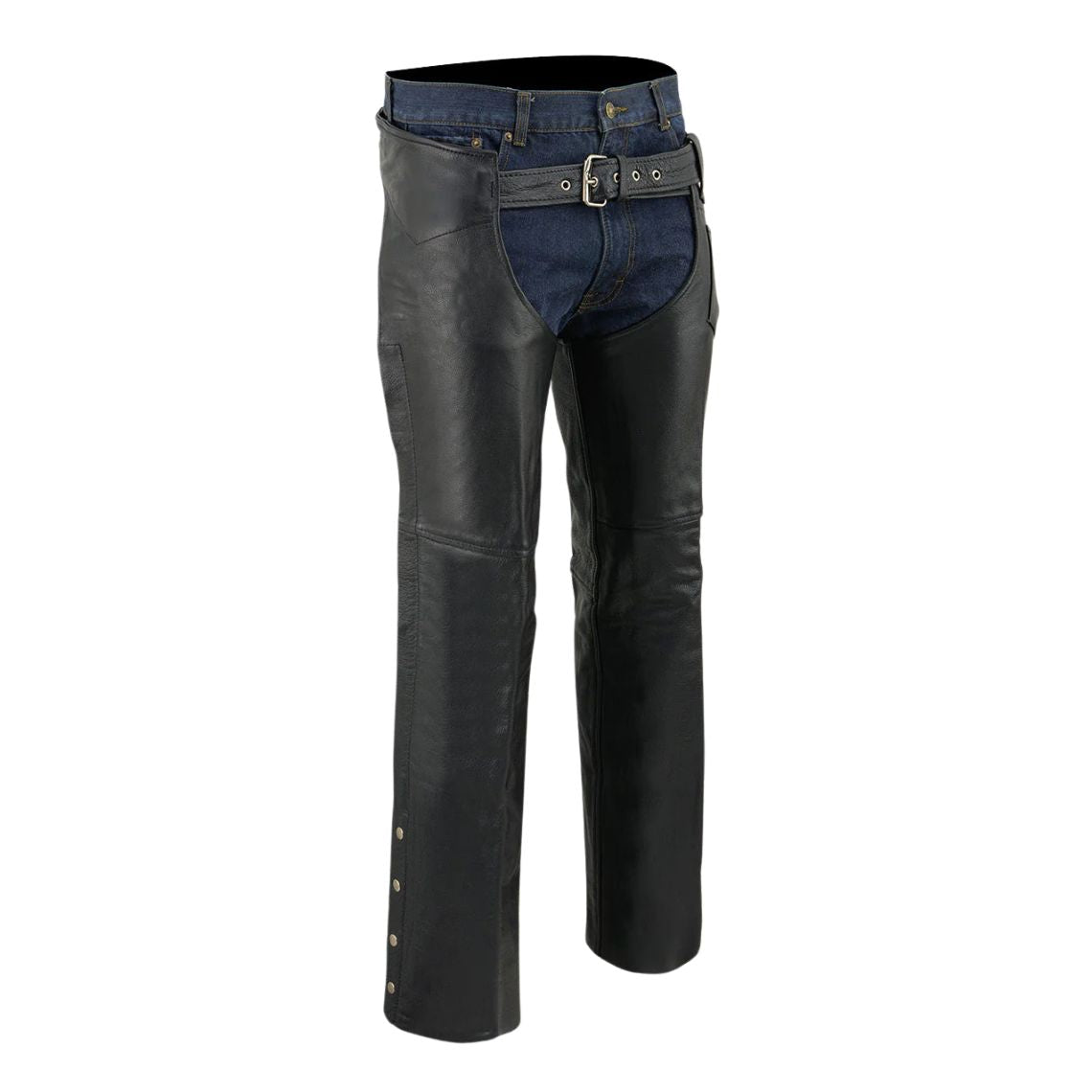 Angled front view of Enchanted Noir leather biker chaps