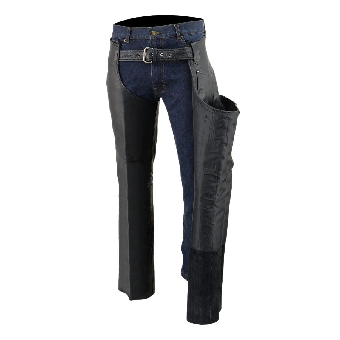 Side open view showing inner lining of black leather chaps