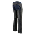 Rear view of men’s black leather motorcycle assless chaps

