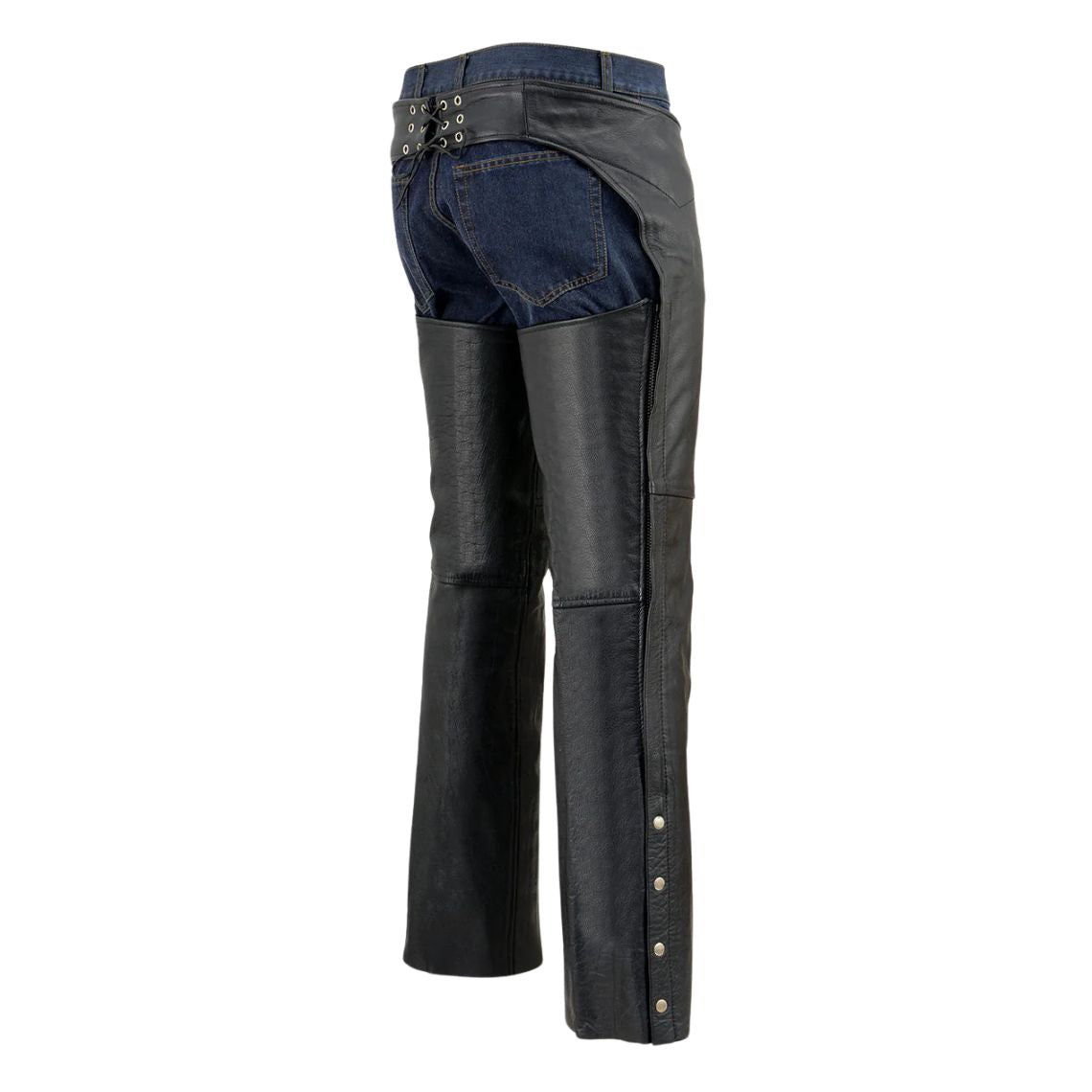 Rear view of men’s black leather motorcycle assless chaps

