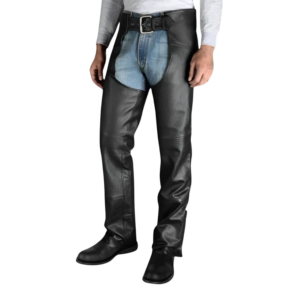 Men’s black leather assless work chaps front riding view