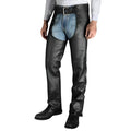 Men’s black leather assless work chaps front riding view