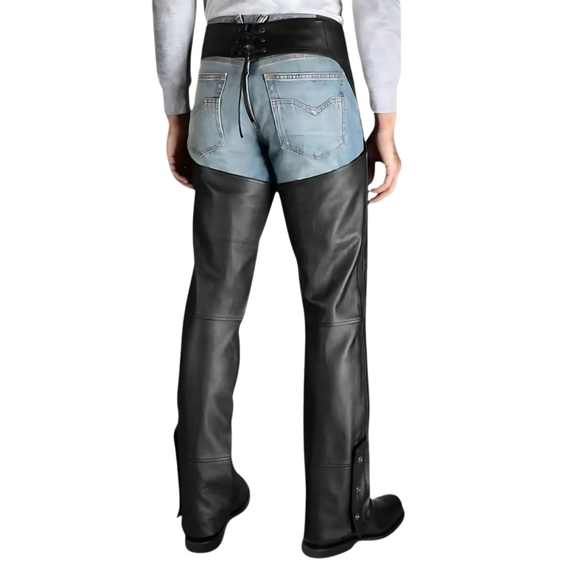 Men’s black leather assless work chaps front riding view