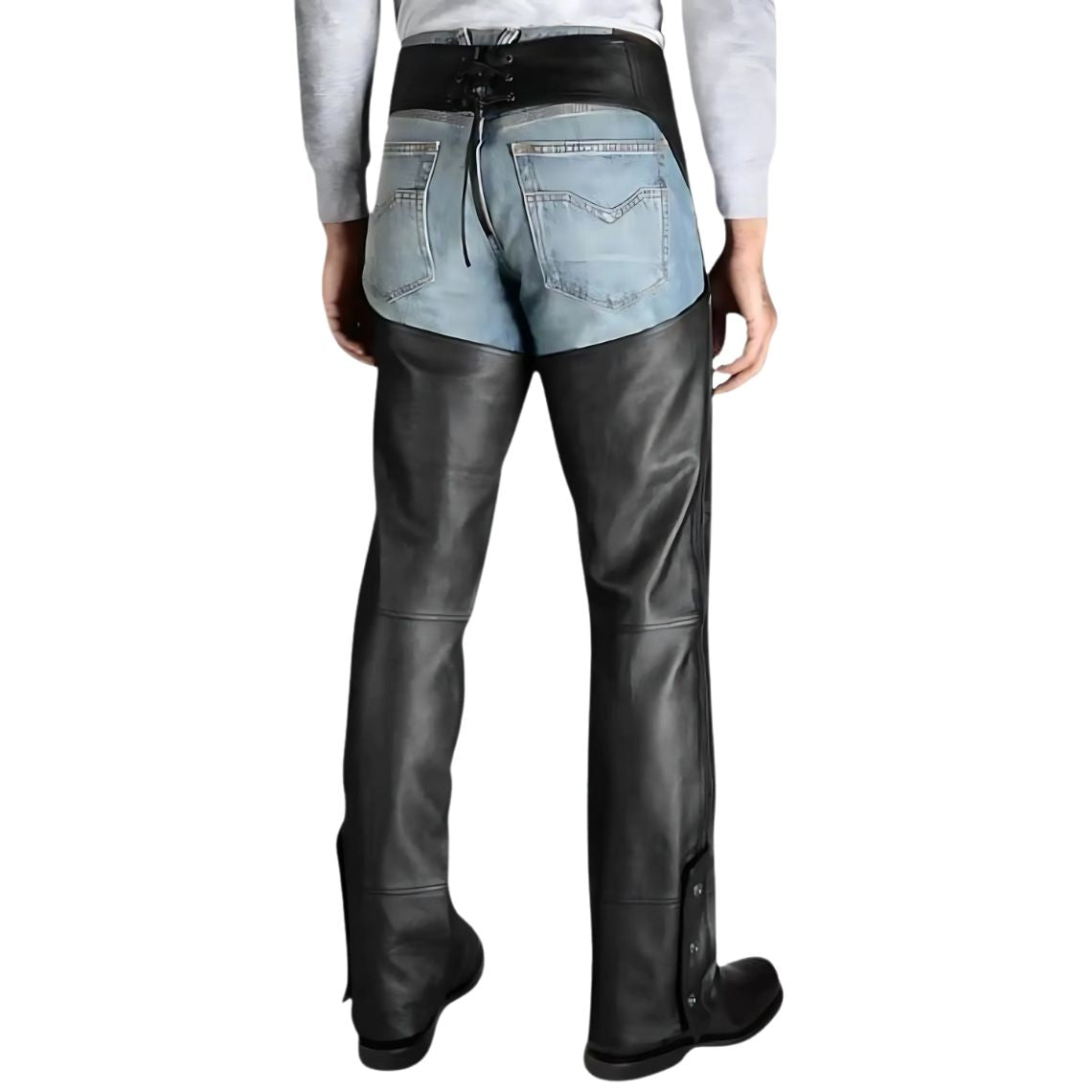 Back view of black leather motorcycle riding chaps for men
