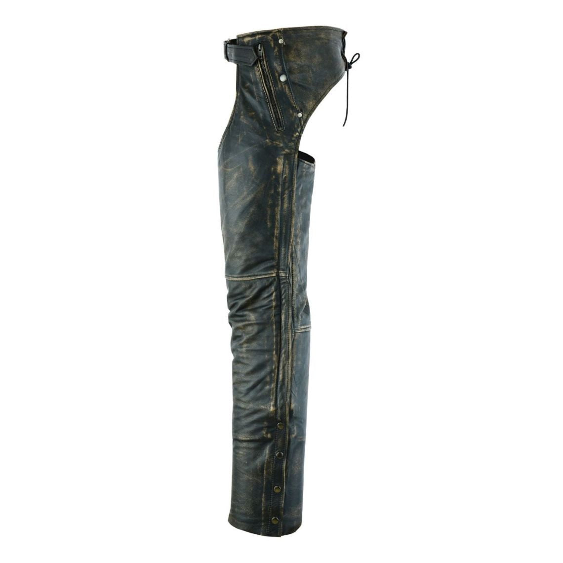 Side view of men’s Maverick distressed leather assless chaps