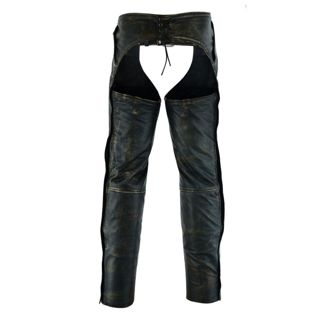 Front view of men’s western distressed leather biker chaps