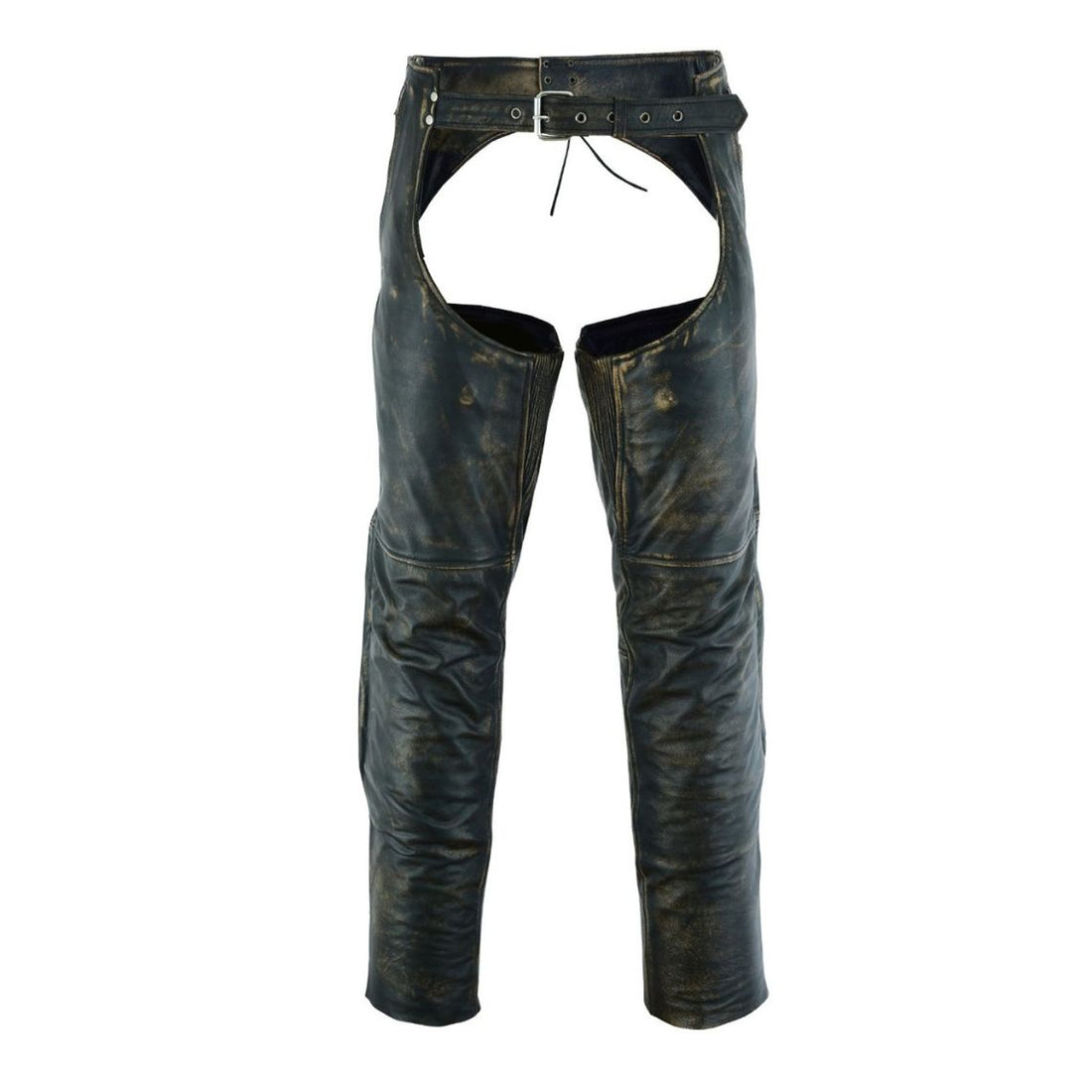 Front view of men’s western distressed leather biker chaps