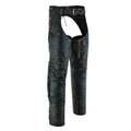 Angled front view of Maverick leather assless motorcycle chaps

