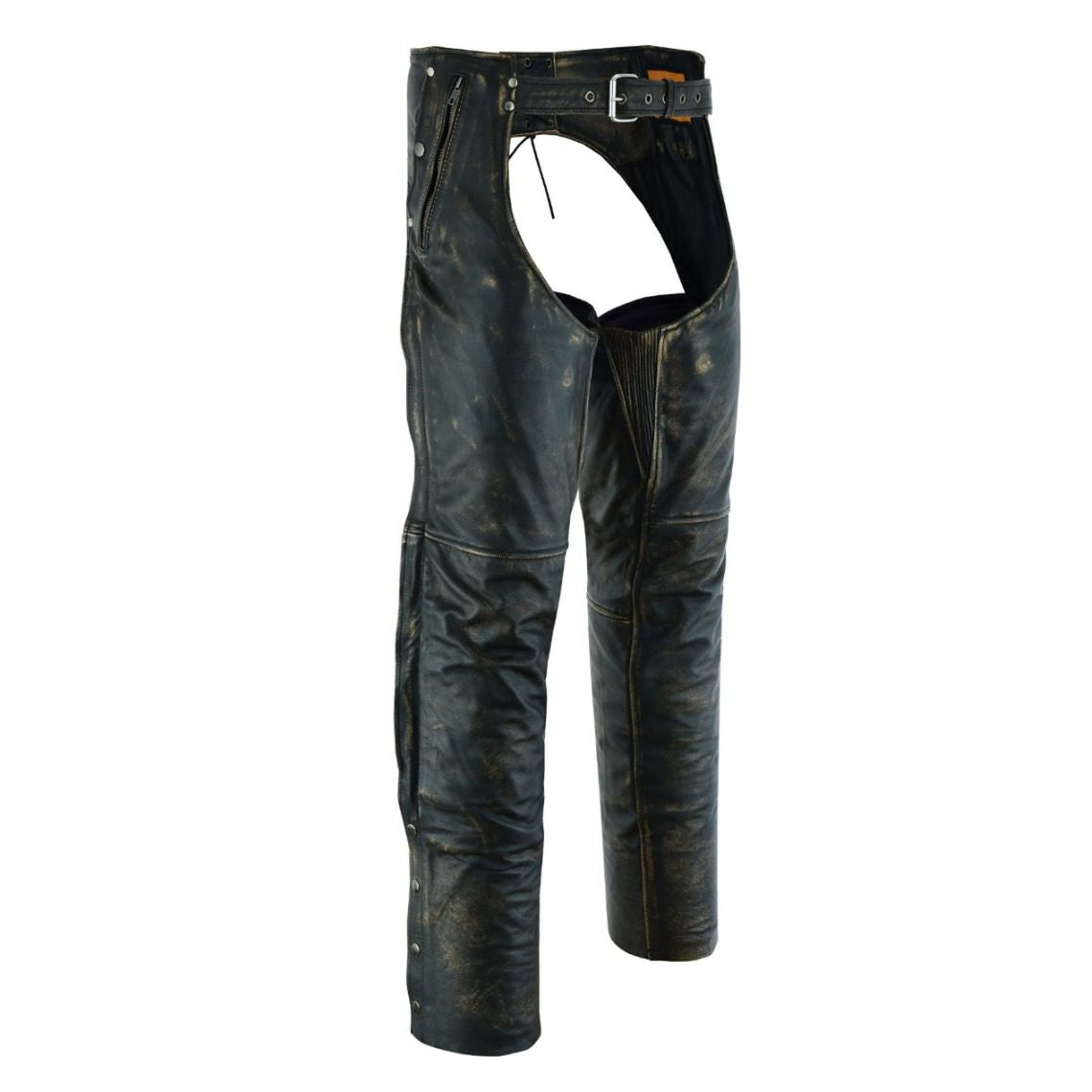Angled front view of Maverick leather assless motorcycle chaps

