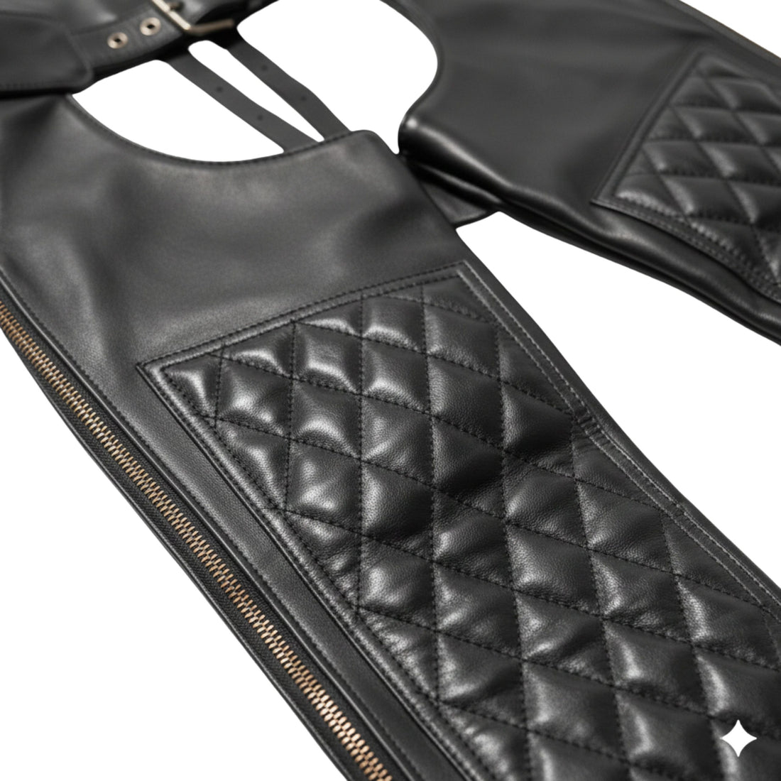 Front view of men’s black ventilated leather biker chaps