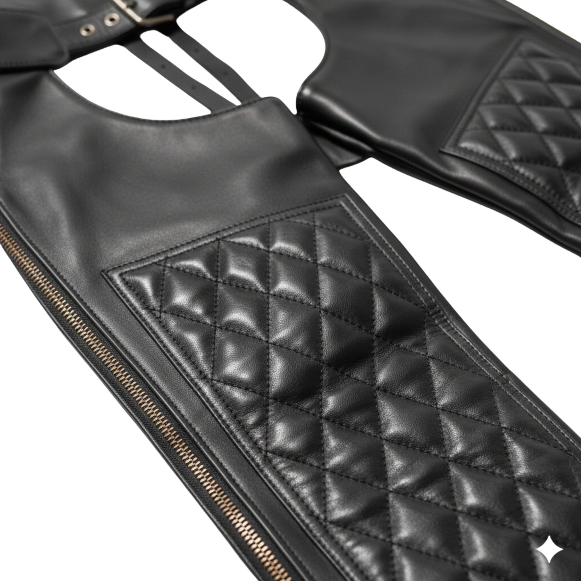 Close-up of quilted panel on black leather assless chaps