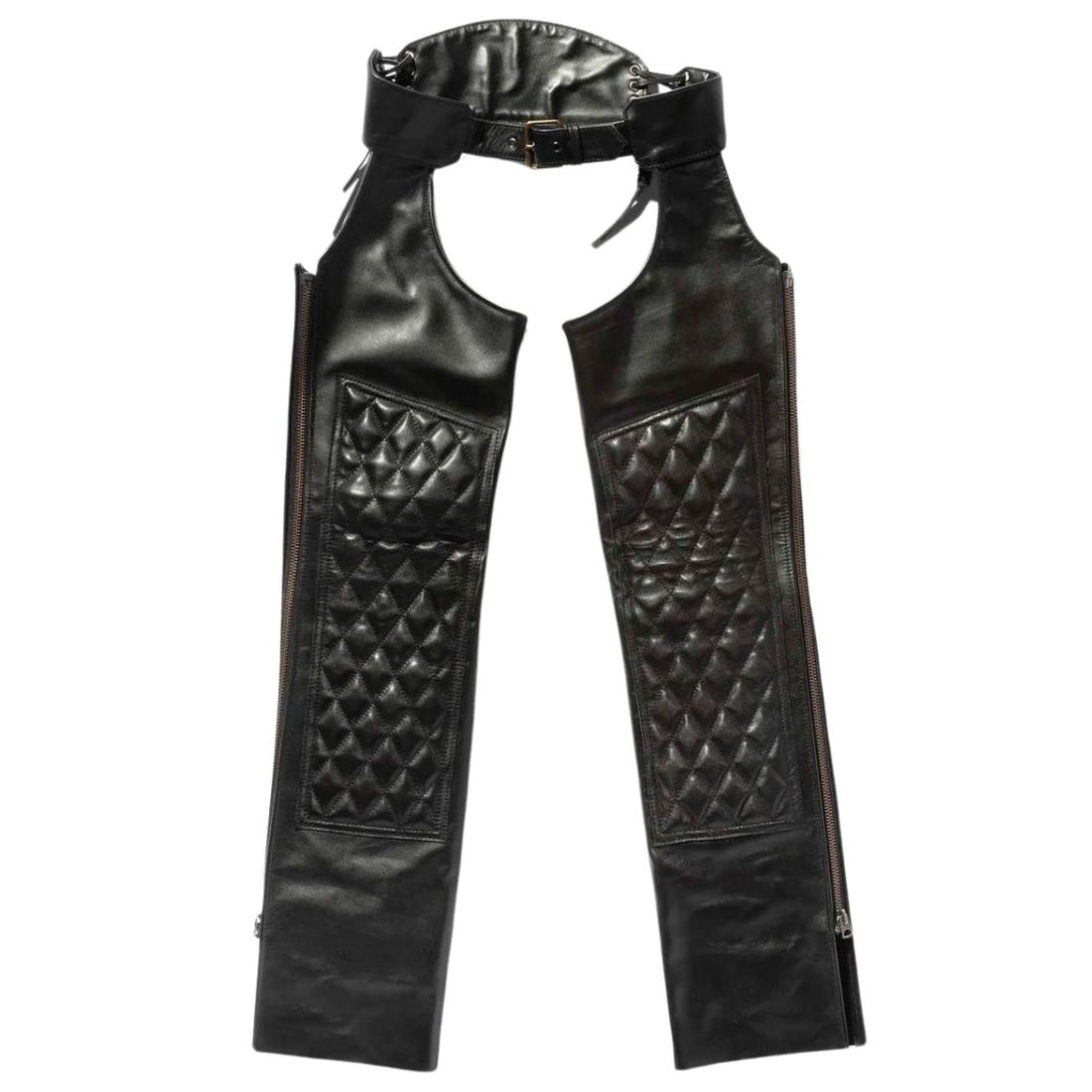 Front view of men’s black ventilated leather biker chaps