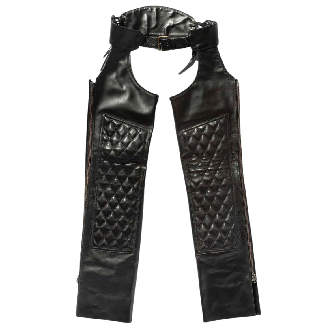 Front view of men’s black ventilated leather biker chaps