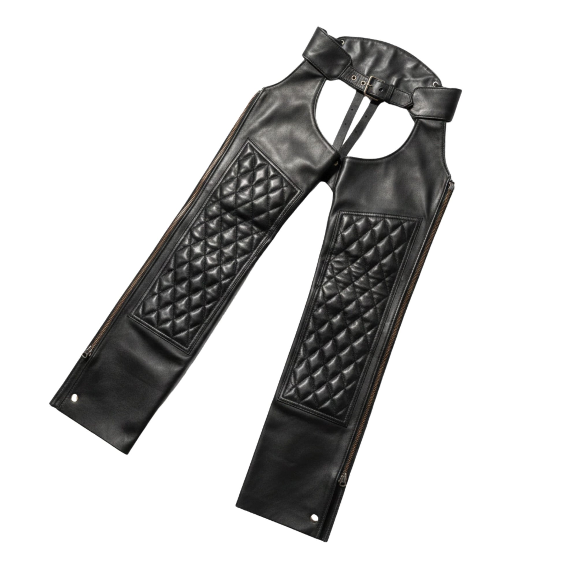 Angled view of Midnight Rider assless chaps with zipper detail