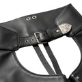 Close-up of adjustable waist belt on black leather chaps