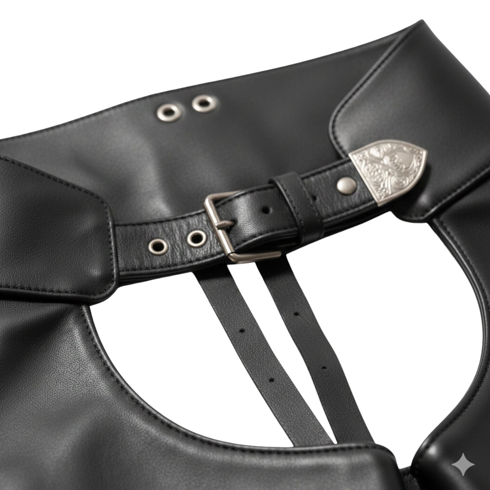 Close-up of adjustable waist belt on black leather chaps
