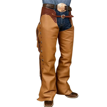 mens mocha brown leather western chaps fringe front view