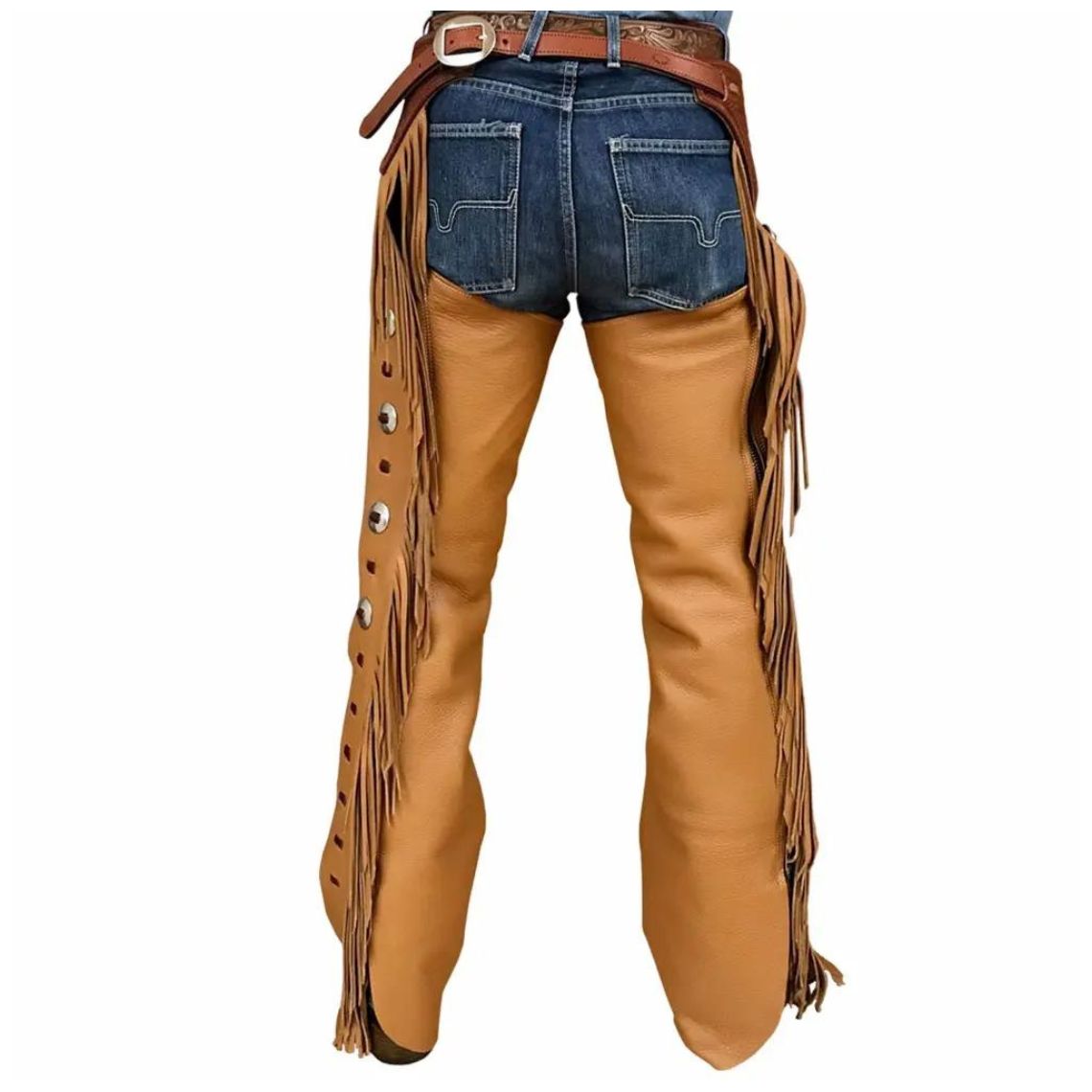 back view mocha brown cowboy leather chaps with fringe